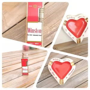 Ensemble "Tabaciana" : Cendrier Publicitaire Morin & Fils, Briquet Winston (Rouge/Doré 60s/80s)