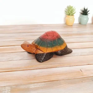 Tortue en bois massif sculptée et décorée - Déco colorée Vert/Jaune/Rouge