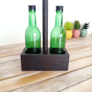 Duo huile et vinaigre vintage, bouteilles en verre et support en bois massif