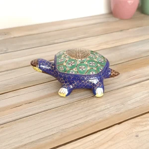 Boite à bijoux, rangement Tortue avec Couvercle, Peinte à la main, Esprit asiatique bleu et vert
