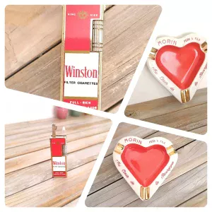 Ensemble "Tabaciana" : Cendrier Publicitaire Morin & Fils, Briquet Winston (Rouge/Doré 60s/80s)